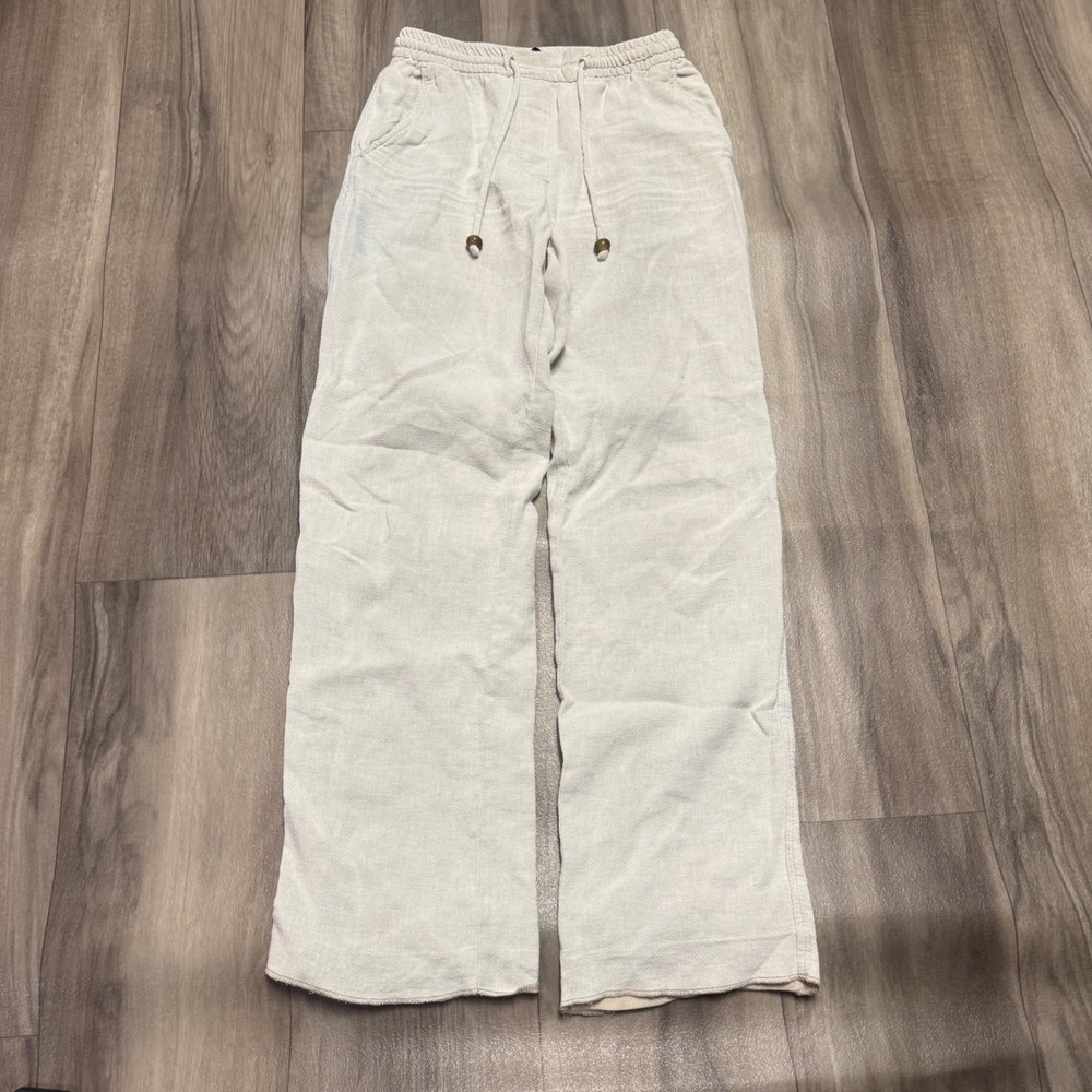Zara Womens XS Beige Linen Blend Wide Leg Drawstring Pants Oatmeal Boho Relaxed